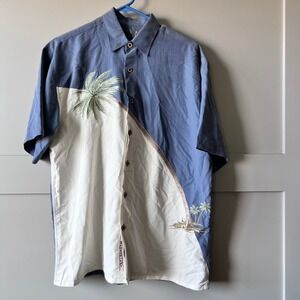 Bamboo Cay Men Hawaiian Shirt Button Down Short Sleeve Palm Tree Blue Beige S